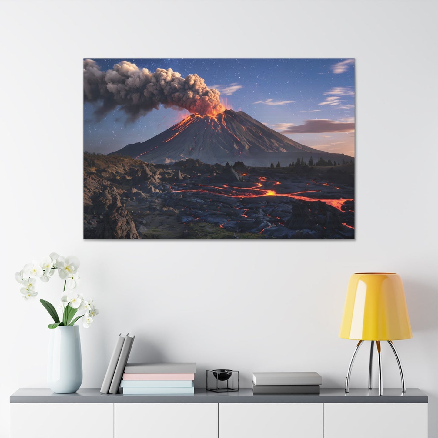 Dramatic Volcano Landscape canvas featuring active volcano with lava flow and ash plume under starry night sky.