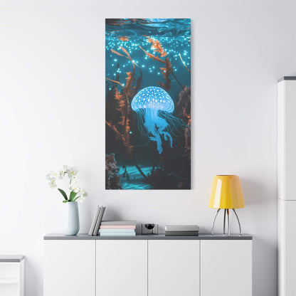 nullBioluminescent Underwater Scene | Luminescent Jellyfish | Matte CanvasCanvasTransform your space with this captivating high-resolution canvas print featuring a mesmerizing bioluminescent underwater scene. At the heart of this ethereal image 