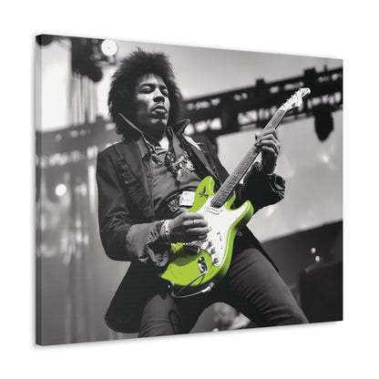 Monochrome portrait of Jimi Hendrix playing electric guitar with vibrant neon green accent, rock legend wall art.