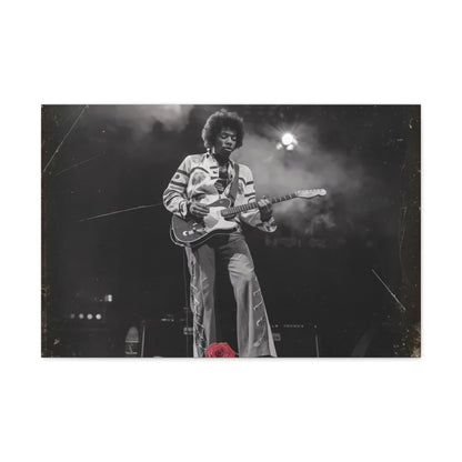 Jimi Hendrix Vintage PerformanceTimeless Passion: Jimi Hendrix Vintage Performance | Canvas Gallery WrCanvasJimi Hendrix Vintage Photo Art - Black and White with Red Rose Accent
Experience the raw energy of Jimi Hendrix through this unique vintage-style canvas. Bring the s