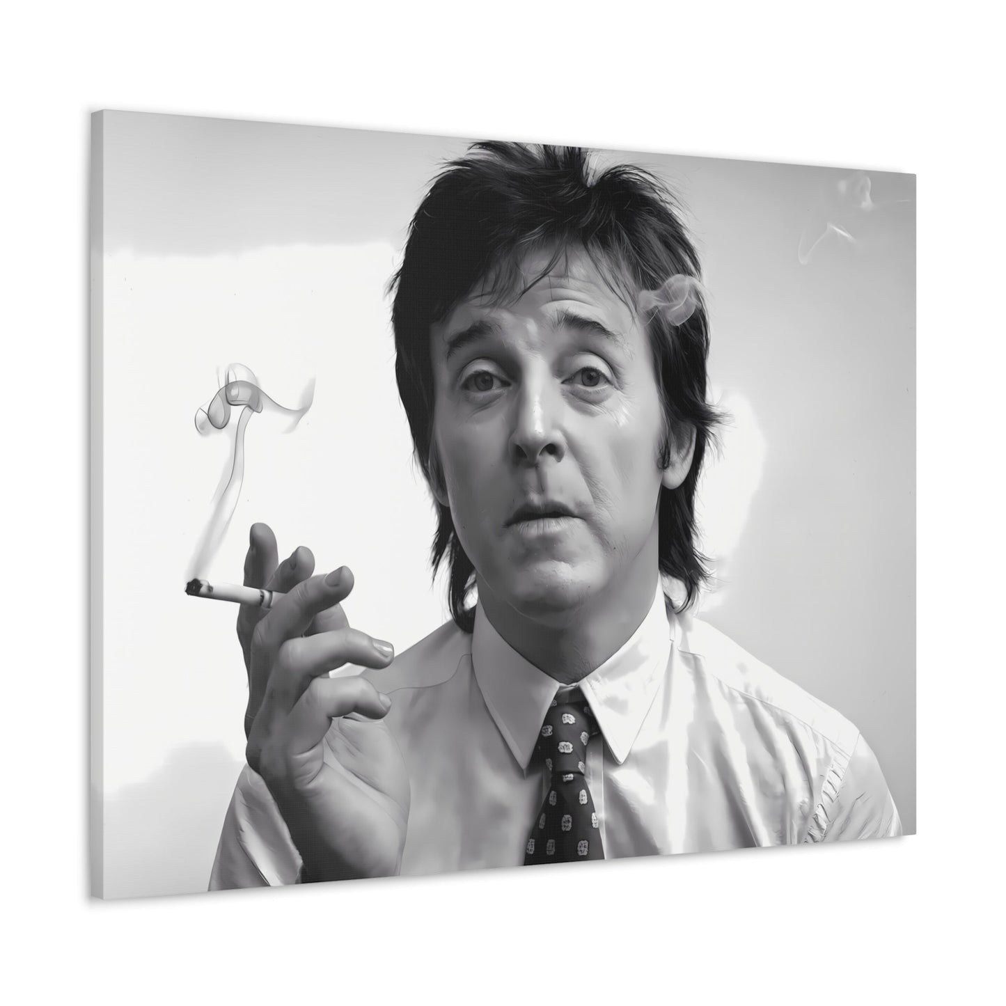 Black and white portrait of Paul McCartney with cigarette smoke, 1960s inspired decor, modern wall art.