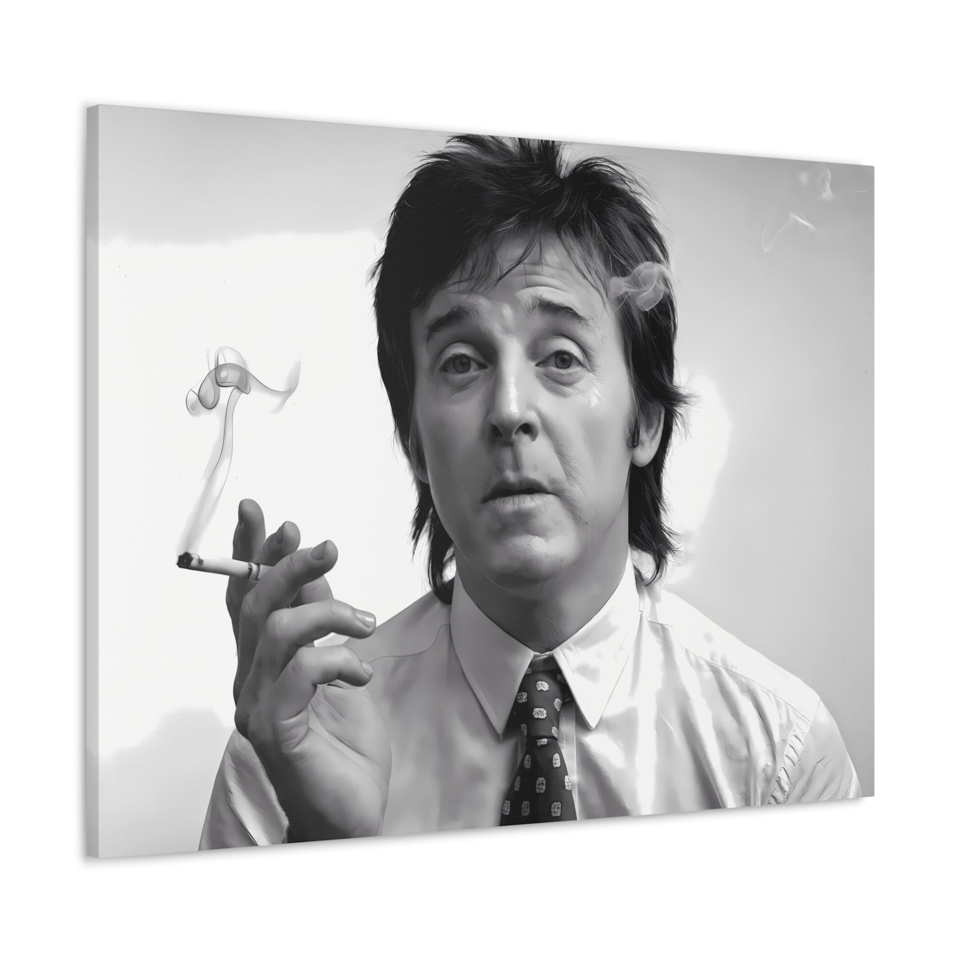 Black and white portrait of Paul McCartney with cigarette smoke, 1960s inspired decor, modern wall art.