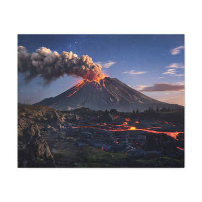 Dramatic volcano landscape canvas featuring glowing lava and starry night sky.