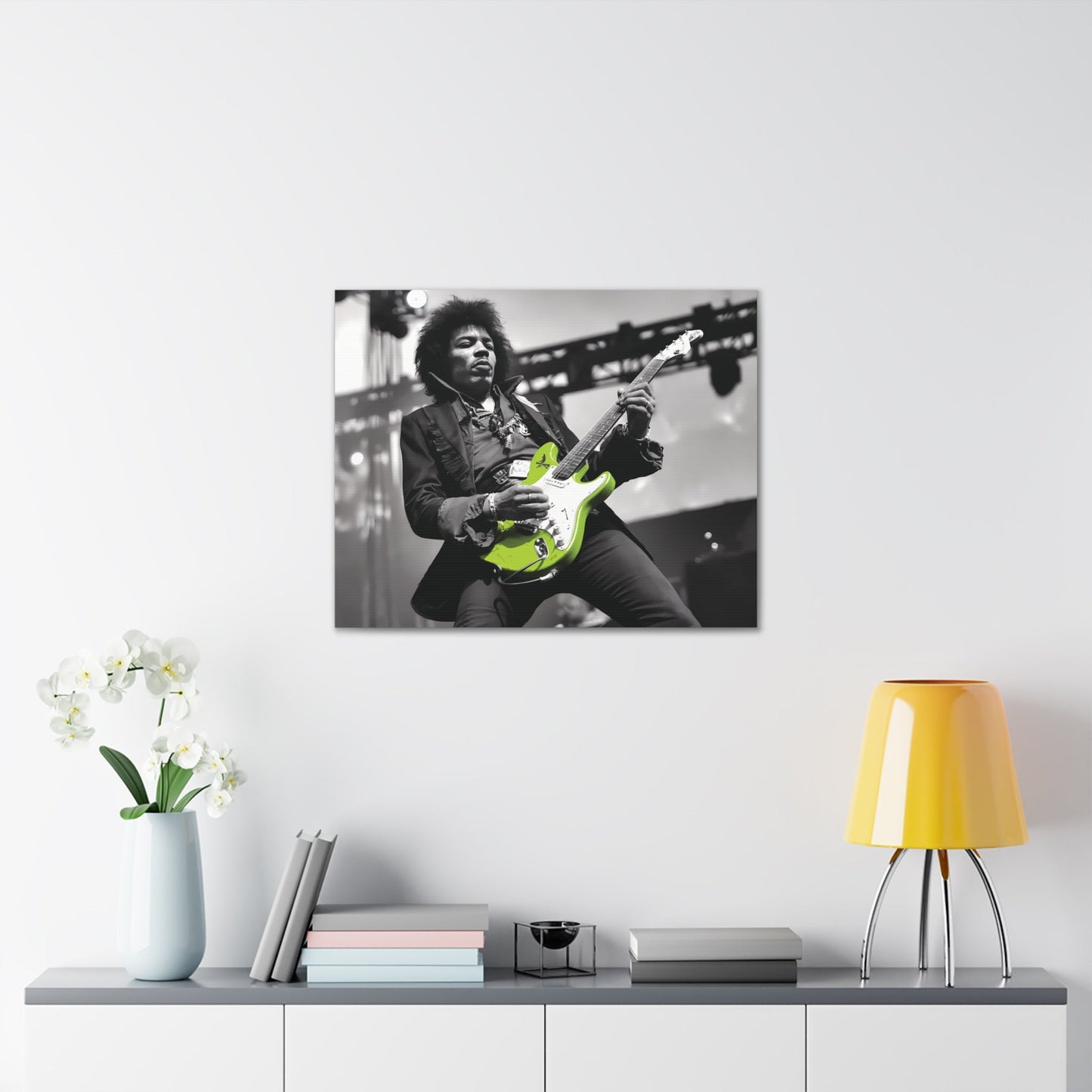 Monochrome portrait of Jimi Hendrix with neon green guitar, canvas wall art.