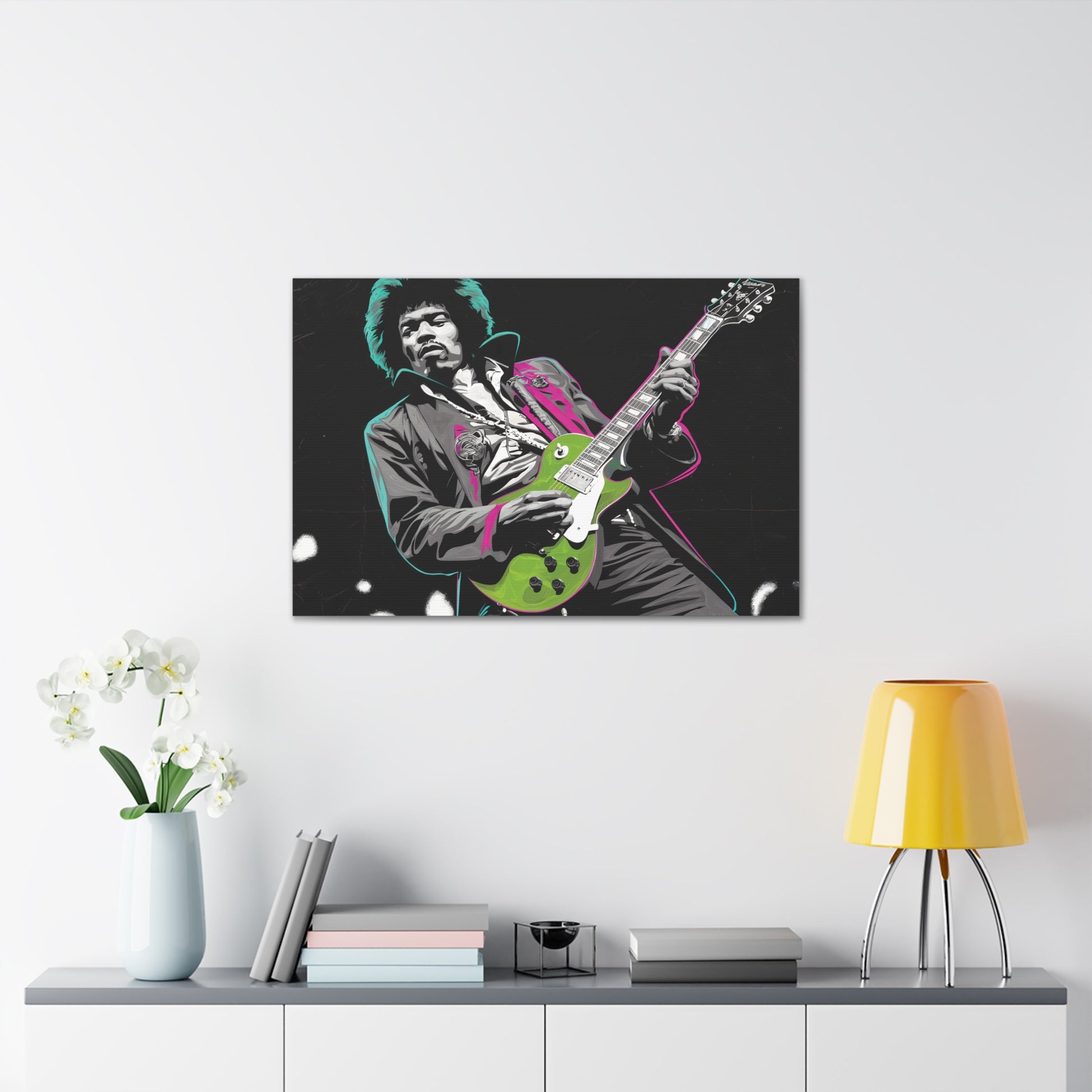 Jimi Hendrix Pop ArtElectric Icon: Jimi Hendrix Pop Art Canvas | Vibrant Guitar Legend PorCanvasJimi Hendrix Pop Art Canvas - Neon Guitar Rock Legend Print
Electrify your space with this striking Jimi Hendrix pop art canvas. Monochrome portrait with vibrant neo