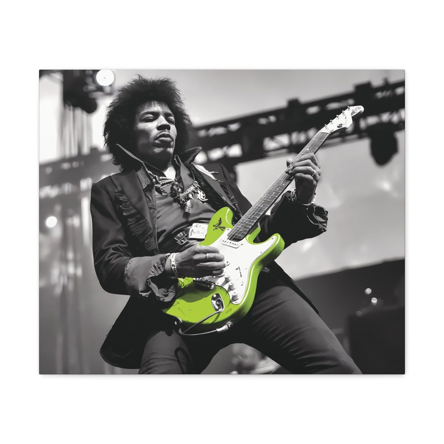 Monochrome Jimi Hendrix performing with neon green guitar on stage canvas print.