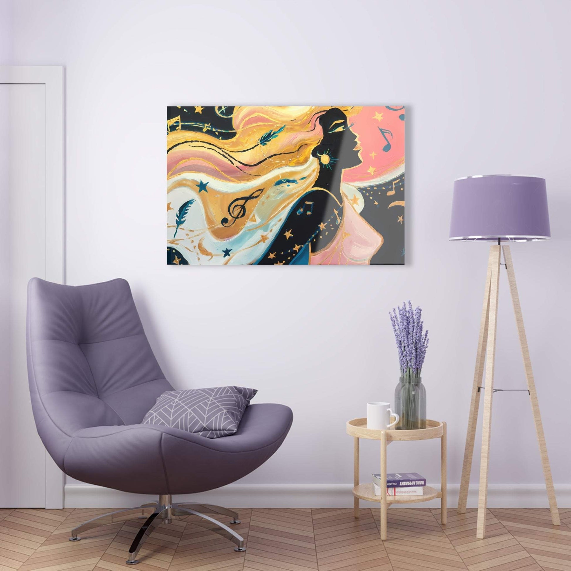 nullSerene Woman with Golden Hair Art | Celestial Stars & Music Wall Art |Home DecorBring serenity to your space with this dreamy painting of a woman with golden hair blending into a starry night. Perfect for bedrooms, meditation spaces, or creative