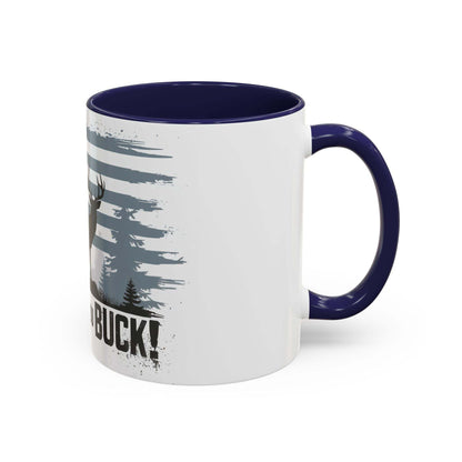 Hunting-themed coffee mug with buck silhouette and American flag design.