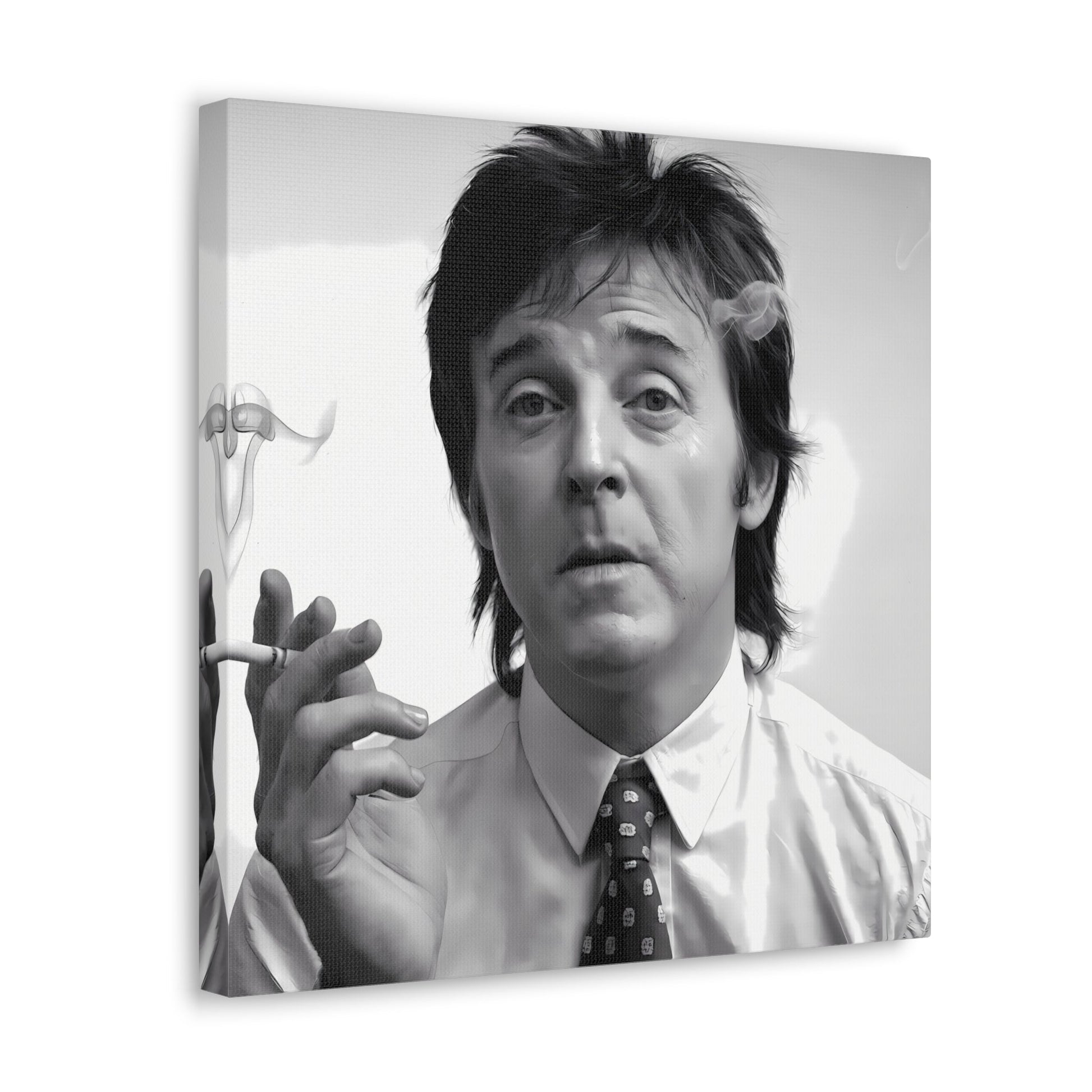 Black and white portrait of Paul McCartney exhaling cigarette smoke, 1960s inspired modern canvas wall art.