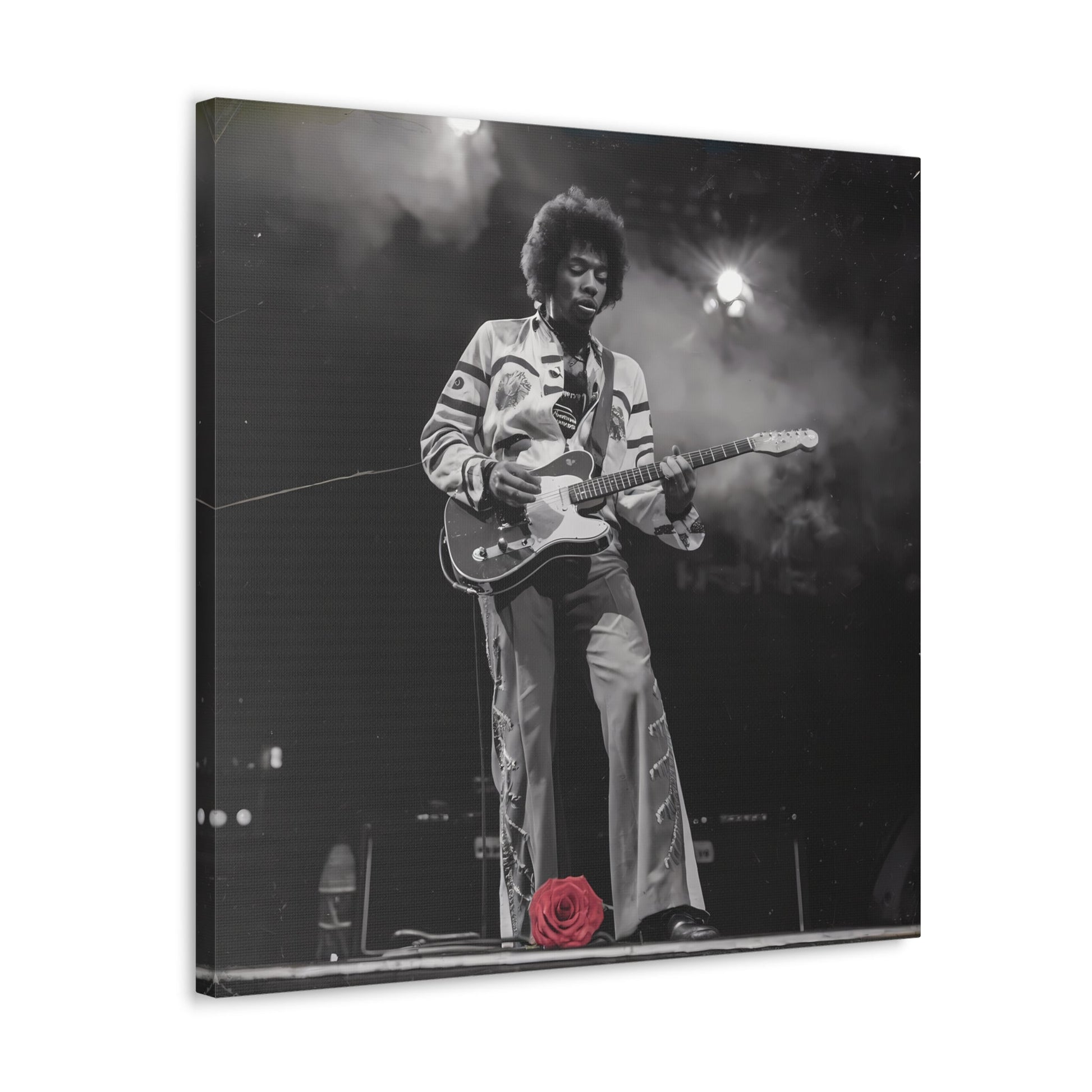 Jimi Hendrix Vintage PerformanceTimeless Passion: Jimi Hendrix Vintage Performance | Canvas Gallery WrCanvasJimi Hendrix Vintage Photo Art - Black and White with Red Rose Accent
Experience the raw energy of Jimi Hendrix through this unique vintage-style canvas. Bring the s