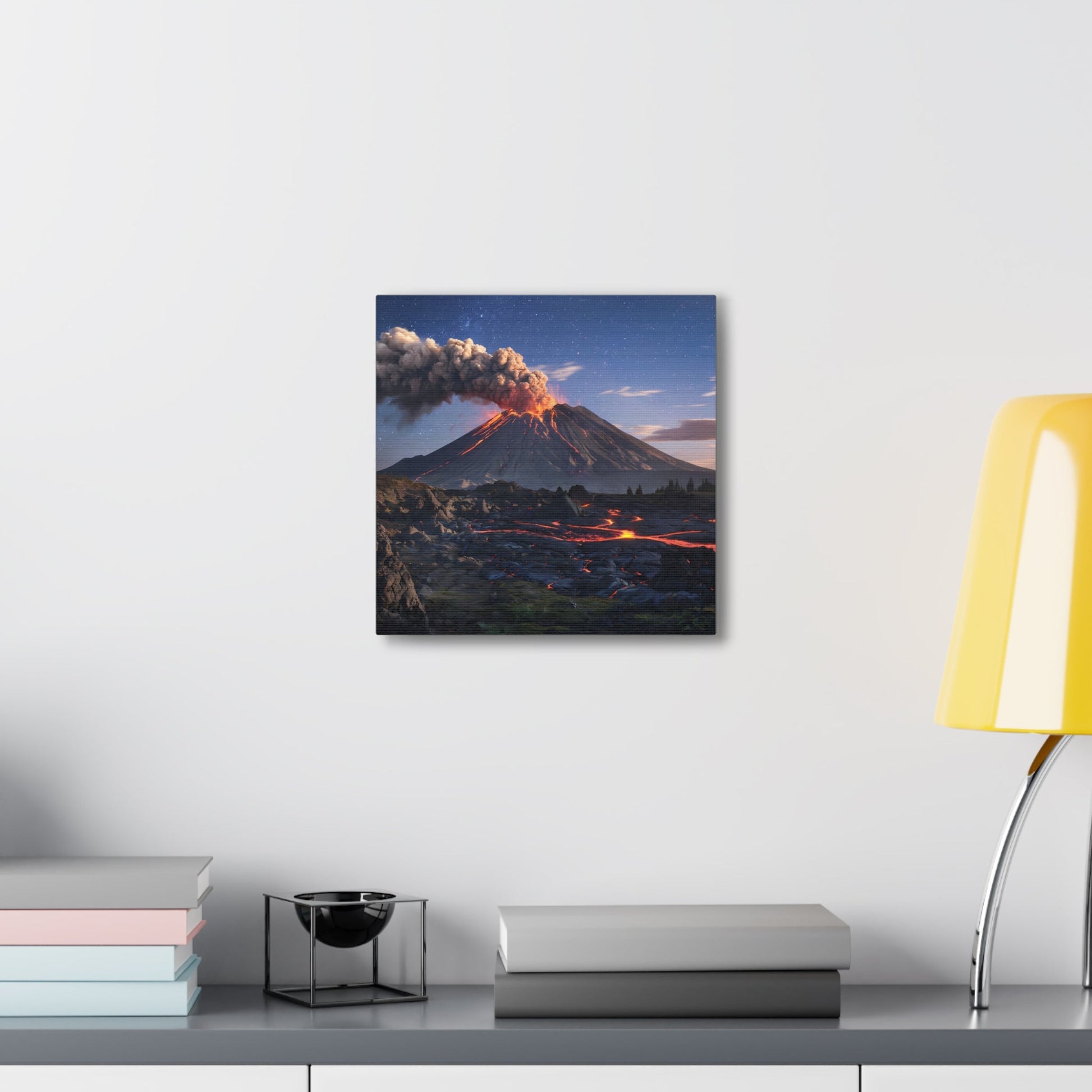 Dramatic Volcano Landscape canvas gallery wrap featuring an erupting volcano under a starry night sky, perfect wall art for nature lovers.