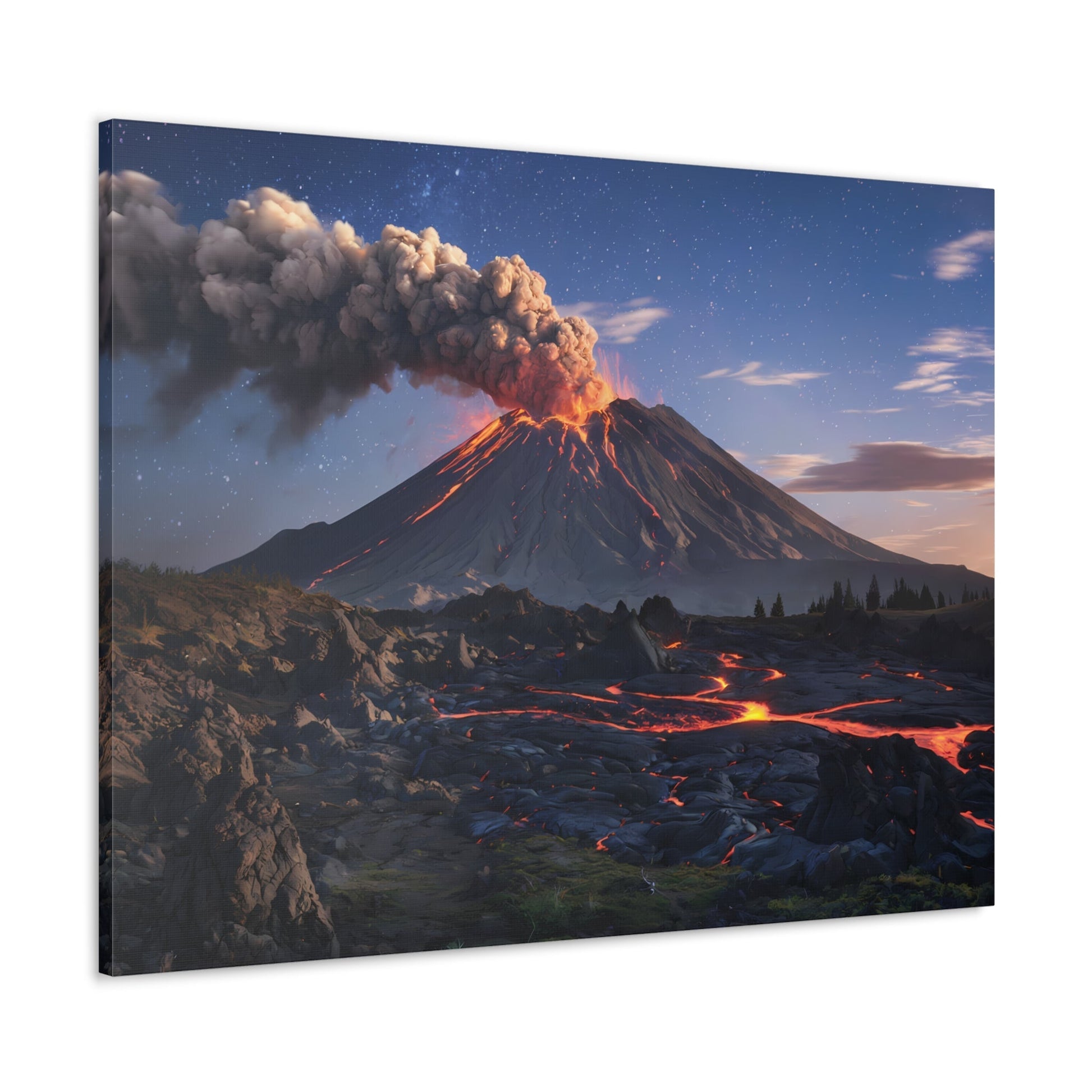 Dramatic volcano landscape with glowing lava and starry night sky canvas wall art.