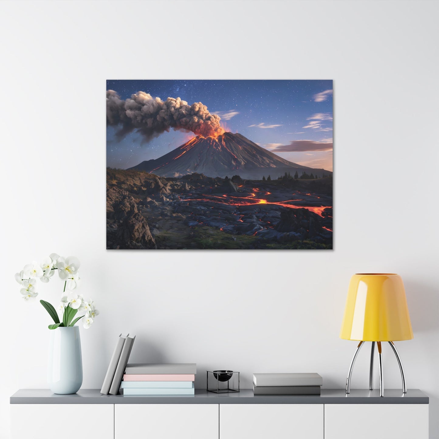 Dramatic Volcano Landscape Canvas Wall Art featuring active volcano under a starry night sky with glowing lava flows and billowing ash plume.