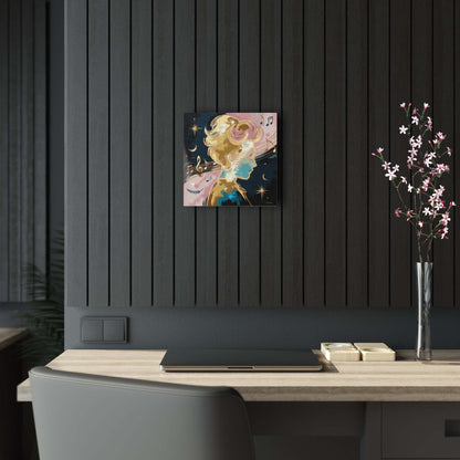 Abstract portrait with musical notes and celestial elements, "Dreams Of A Star" wall art in an office.