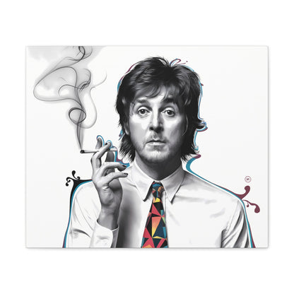 Surrealist Paul McCartney portrait with cigarette and bold geometric tie on canvas wall art.