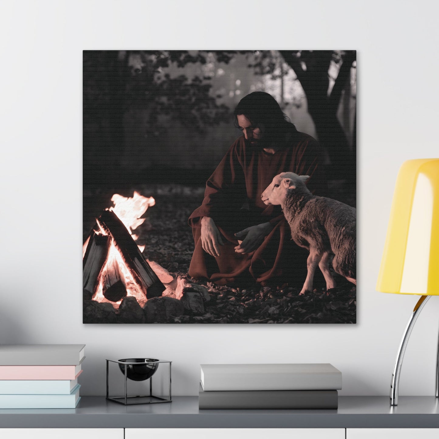 Limited edition Jesus painting with lamb and sacred flame, canvas wall art decor.