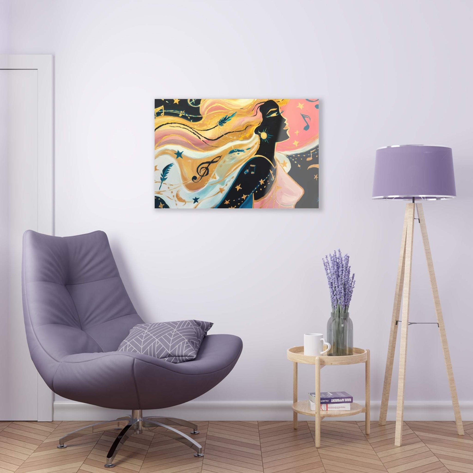 nullSerene Woman with Golden Hair Art | Celestial Stars & Music Wall Art |Home DecorBring serenity to your space with this dreamy painting of a woman with golden hair blending into a starry night. Perfect for bedrooms, meditation spaces, or creative