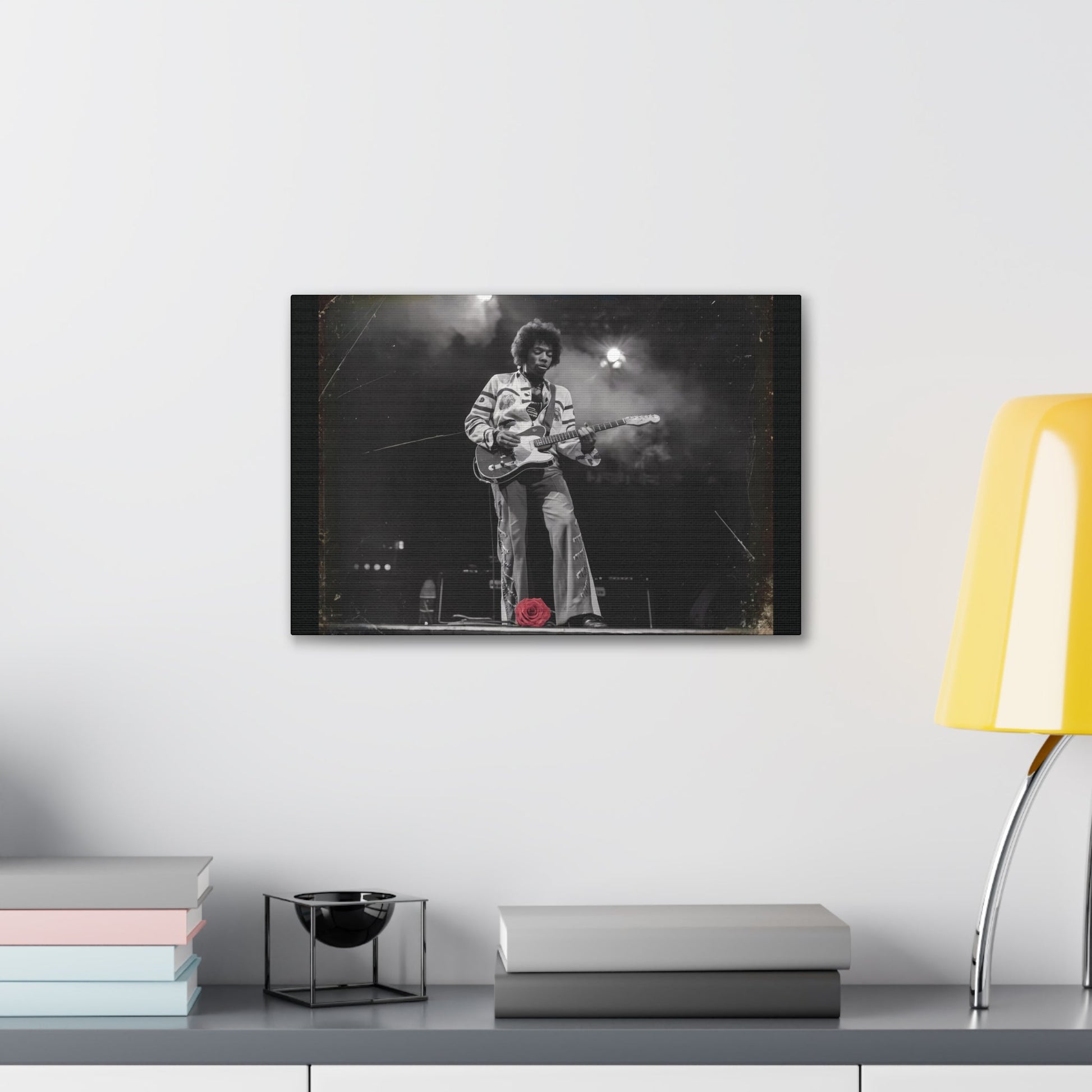 Jimi Hendrix Vintage PerformanceTimeless Passion: Jimi Hendrix Vintage Performance | Canvas Gallery WrCanvasJimi Hendrix Vintage Photo Art - Black and White with Red Rose Accent
Experience the raw energy of Jimi Hendrix through this unique vintage-style canvas. Bring the s