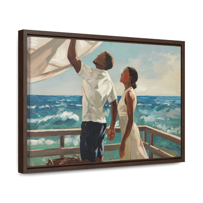 African American couple enjoying coastal view on deck; serene and vibrant canvas art.