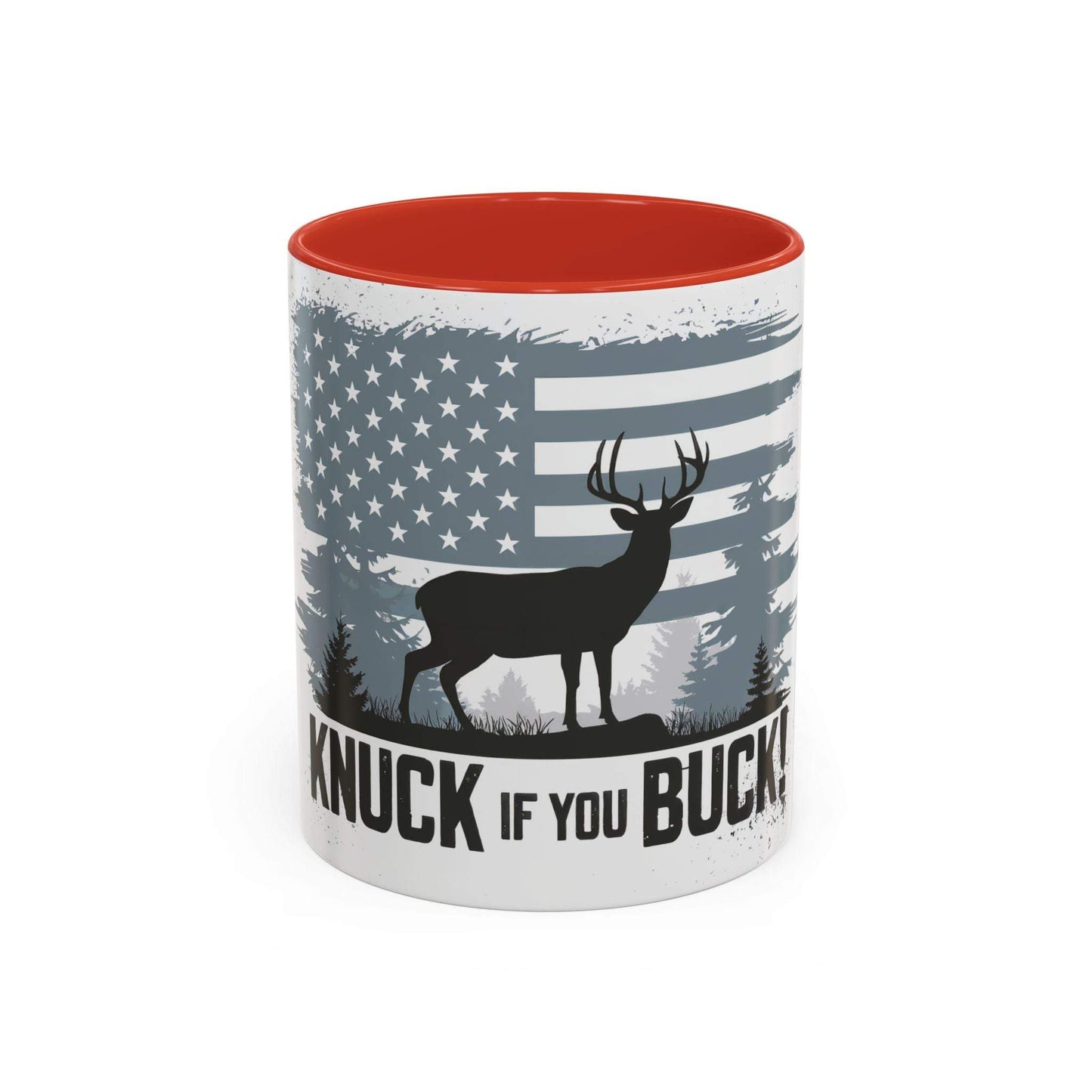 Ceramic coffee mug with hunting theme featuring a buck silhouette and American flag design, available in 11oz and 15oz sizes.