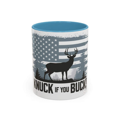 Hunting-themed coffee mug featuring a buck silhouette and American flag design, available in 11oz and 15oz sizes.