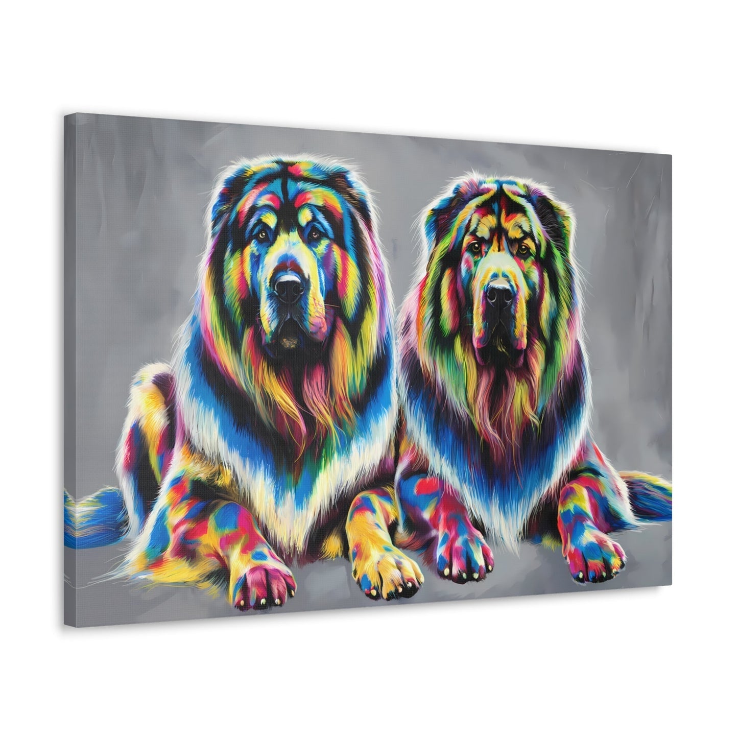 Vibrant rainbow Tibetan Mastiff art on canvas gallery wrap.