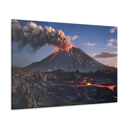 Dramatic volcano landscape canvas with glowing lava, starry night sky, and rugged terrain wall art.