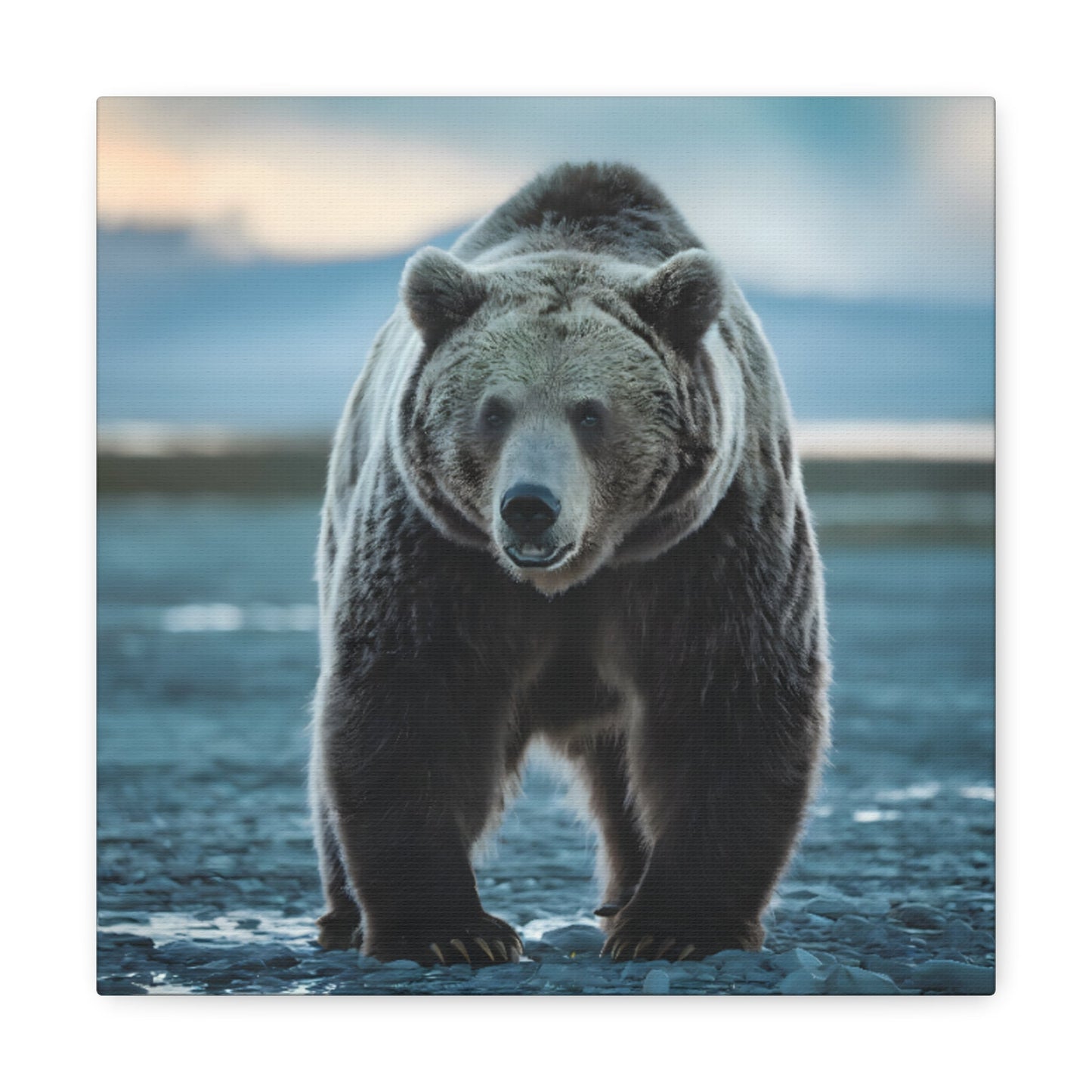 Majestic brown bear on rocky ledge canvas artwork, showcasing wilderness beauty and rich earthy tones.