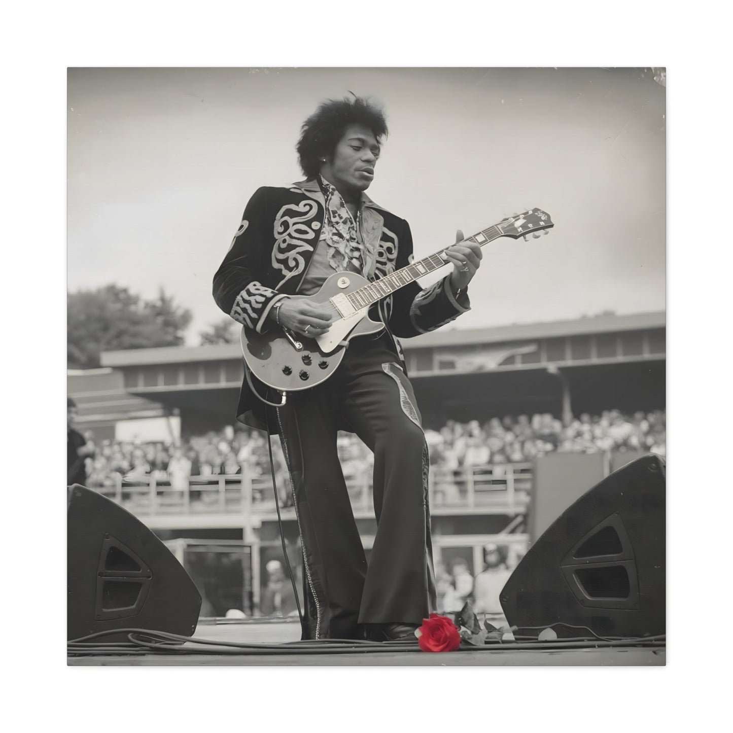 Vintage-Style Jimi HendrixVintage-Style Jimi Hendrix Performance Photo - Unique Black-and-White CanvasExperience the raw energy of Jimi Hendrix in this vintage-style black-and-white photo. This unique art print captures the iconic guitarist mid-performance, surrounde