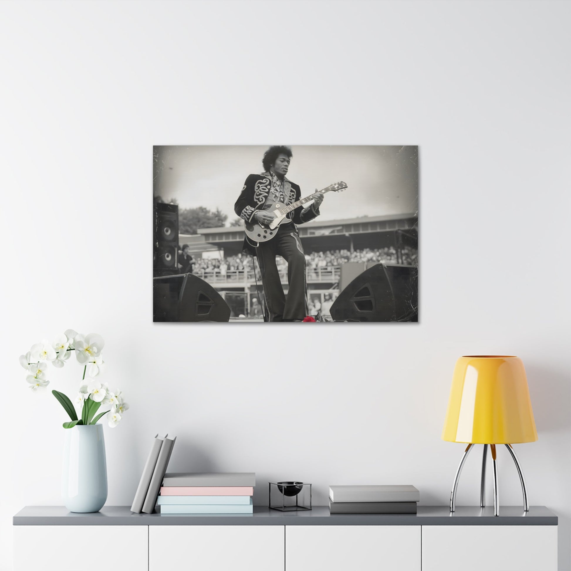 Vintage-Style Jimi HendrixVintage-Style Jimi Hendrix Performance Photo - Unique Black-and-White CanvasExperience the raw energy of Jimi Hendrix in this vintage-style black-and-white photo. This unique art print captures the iconic guitarist mid-performance, surrounde