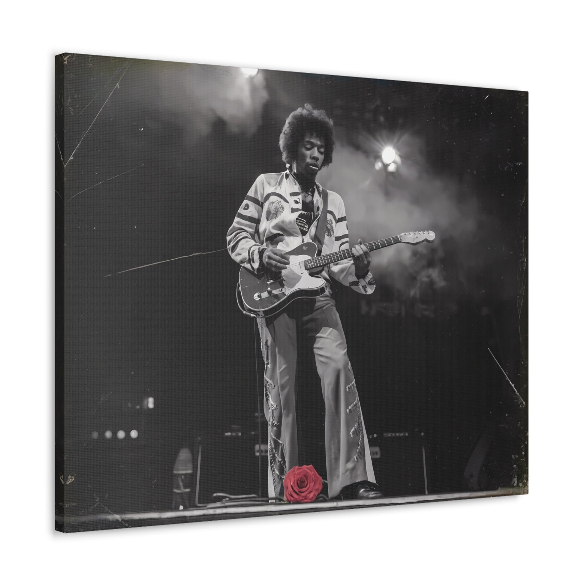 Jimi Hendrix Vintage PerformanceTimeless Passion: Jimi Hendrix Vintage Performance | Canvas Gallery WrCanvasJimi Hendrix Vintage Photo Art - Black and White with Red Rose Accent
Experience the raw energy of Jimi Hendrix through this unique vintage-style canvas. Bring the s