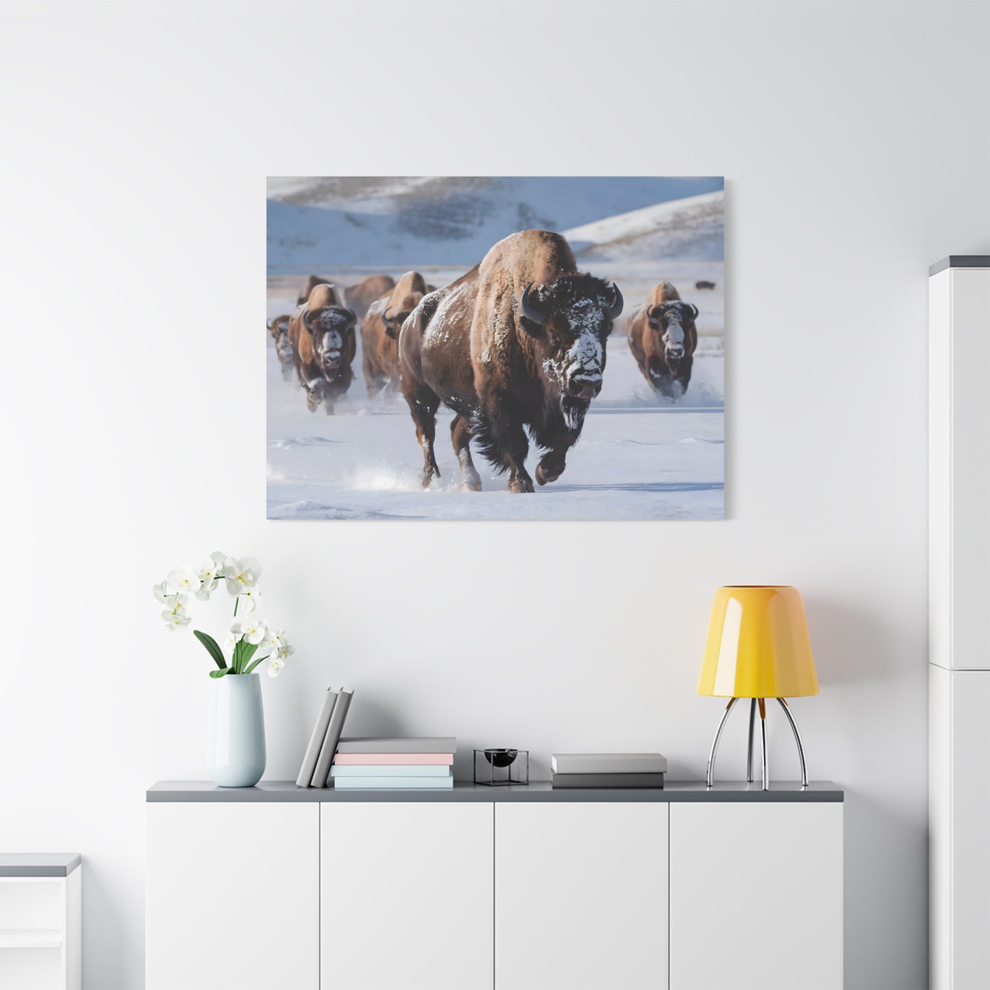 Massive Bison Herd in Snow | Winter Wildlife Photography Wall Art | Snow-Covered Plains Art | " Lead The Pack " - Matte Canvas