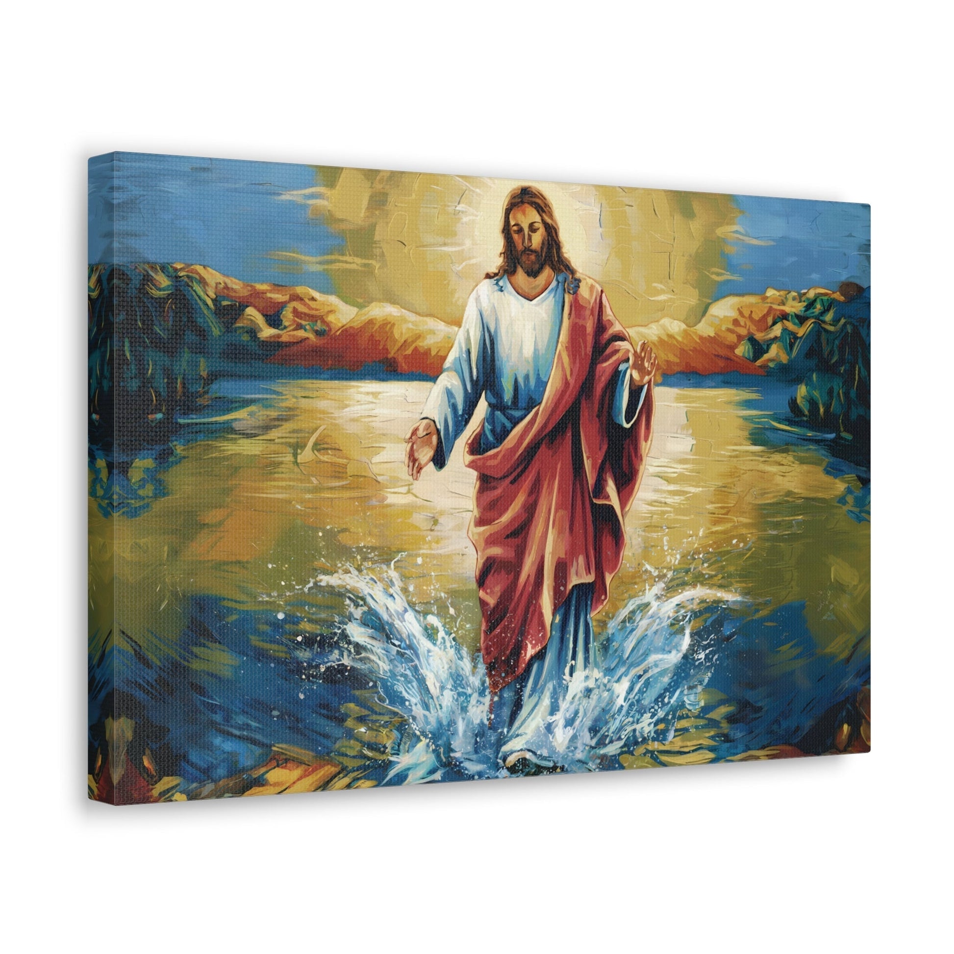 Jesus Christ walking on water painting on canvas, vibrant colors, spiritual artwork.