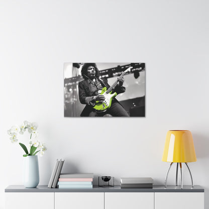 Monochrome Jimi Hendrix portrait with neon green guitar canvas wall art.