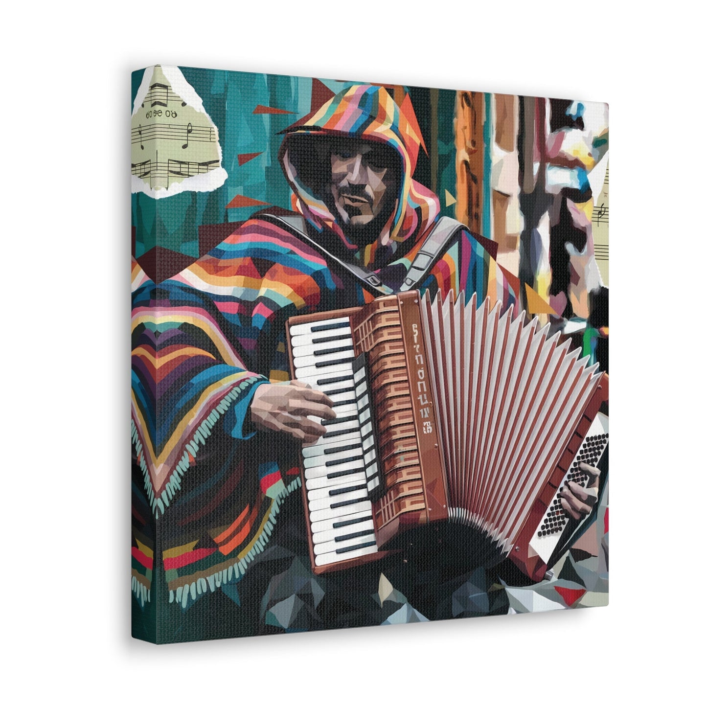 Vibrant accordion street performer art on canvas, featuring bold colors and fragmented forms.