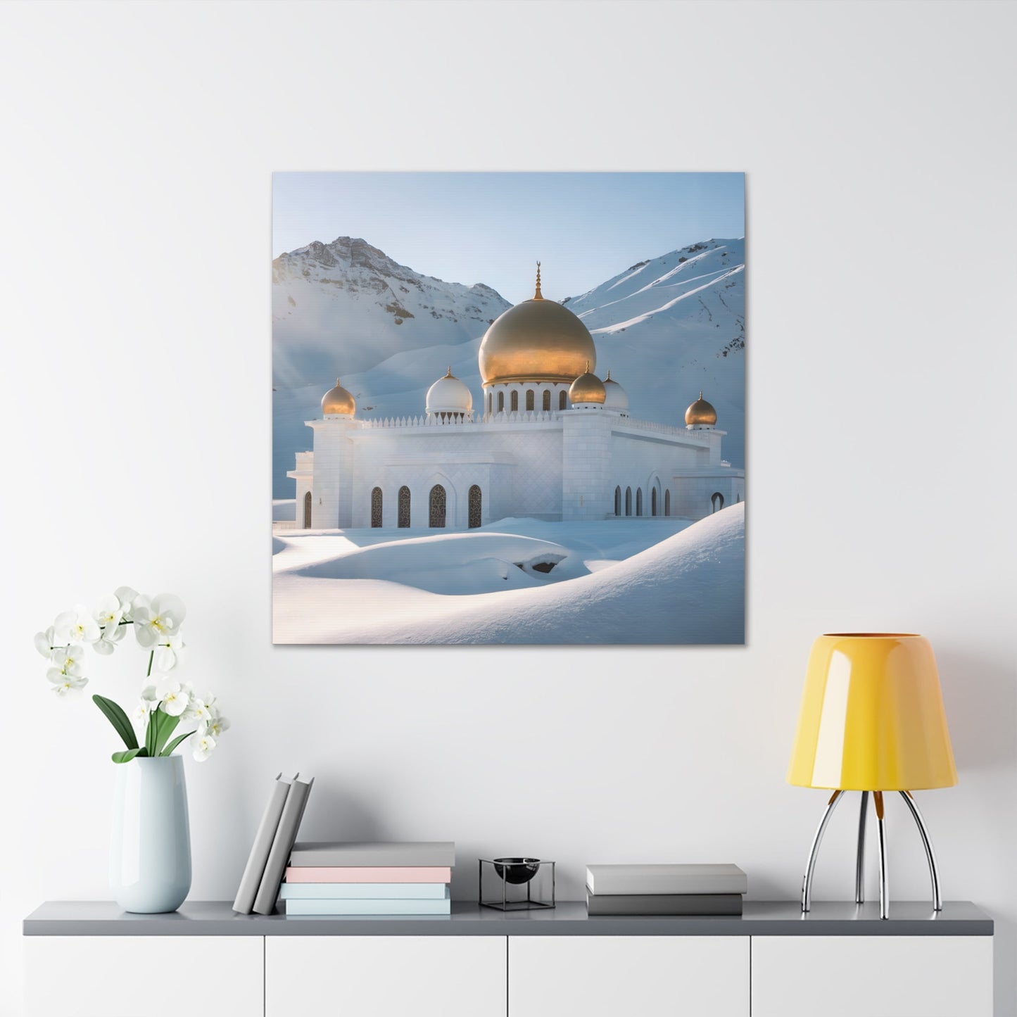 Ethereal Sanctuary: Majestic White Mosque with Golden Domes - Landscape Photography Art Arab