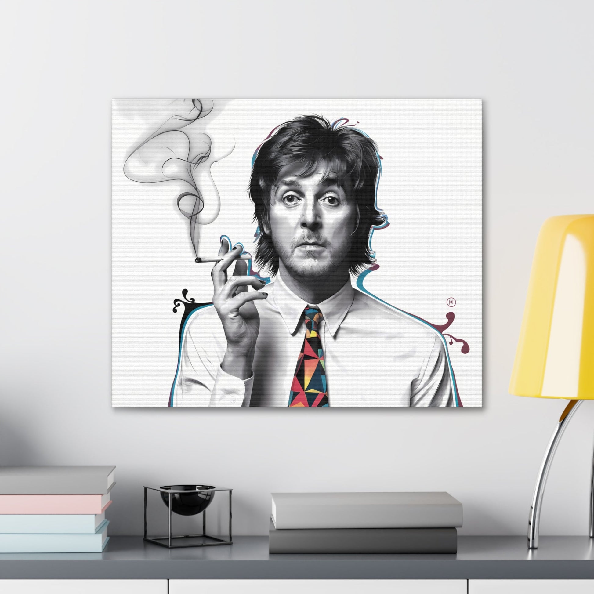 Paul McCartney Art surrealist portrait with cigarette and geometric tie, canvas gallery wrap wall decor.