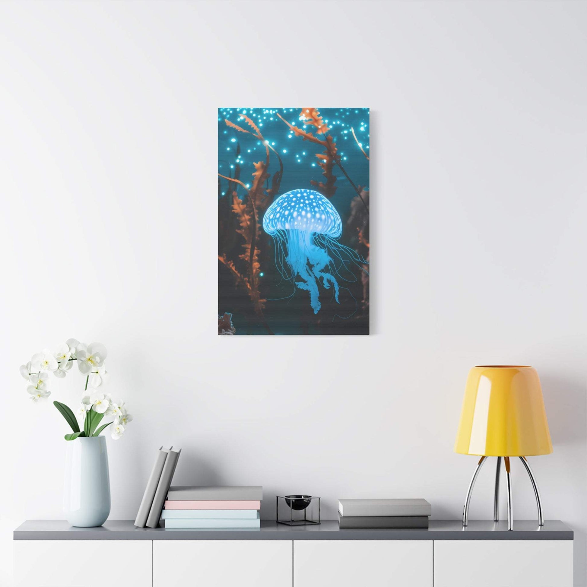 nullBioluminescent Underwater Scene | Luminescent Jellyfish | Matte CanvasCanvasTransform your space with this captivating high-resolution canvas print featuring a mesmerizing bioluminescent underwater scene. At the heart of this ethereal image 