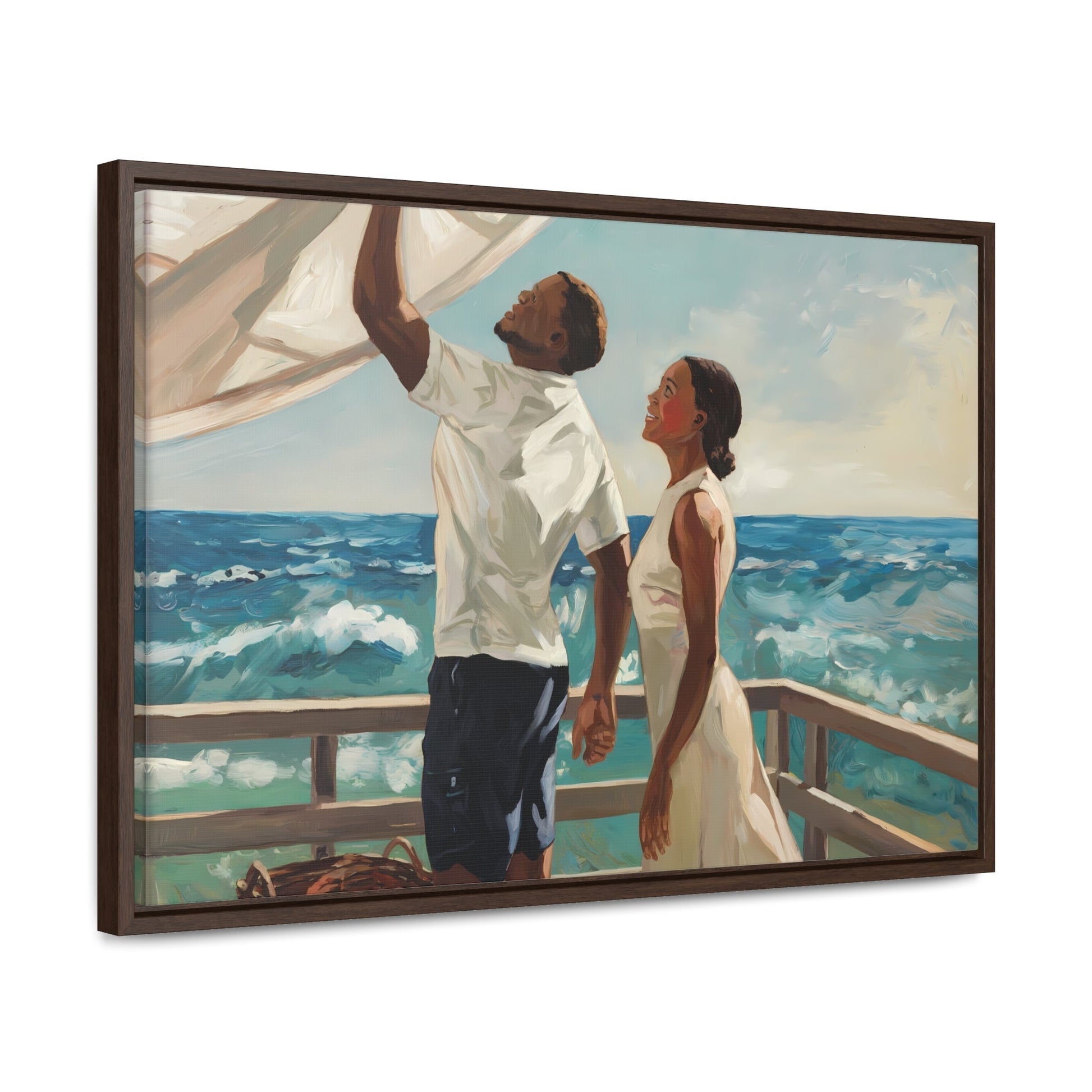 African American couple on coastal deck painting, serene ocean scene, gallery canvas wrap.