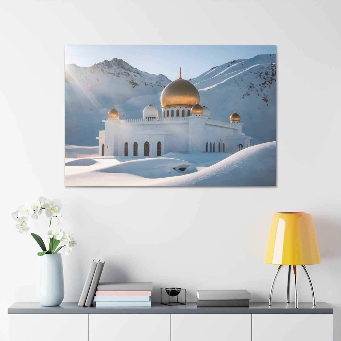 Ethereal Sanctuary: Majestic White Mosque with Golden Domes - Landscape Photography Art Arab