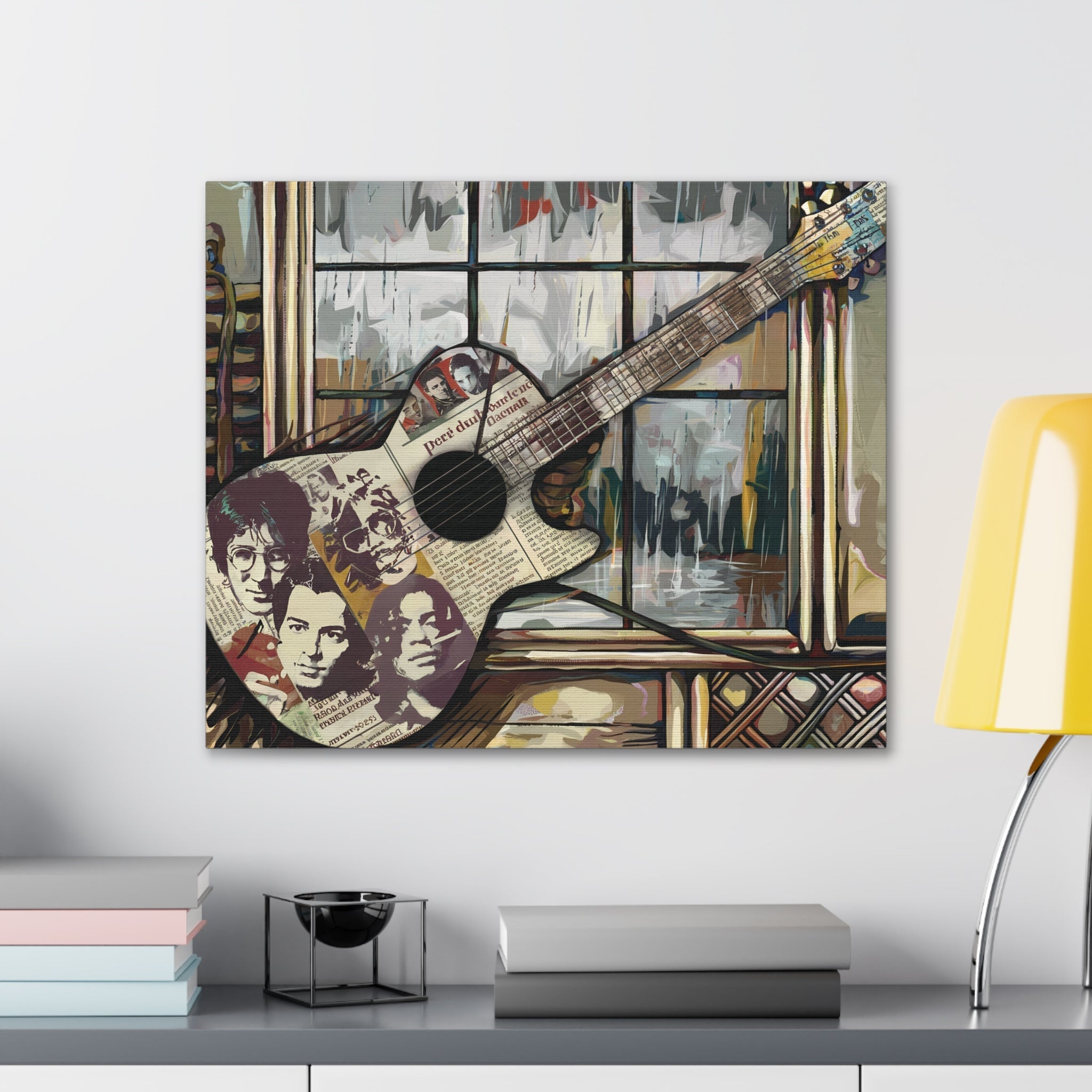 Abstract guitar collage canvas art featuring music icons with vintage textures, pop art influences, and a rainy window backdrop.