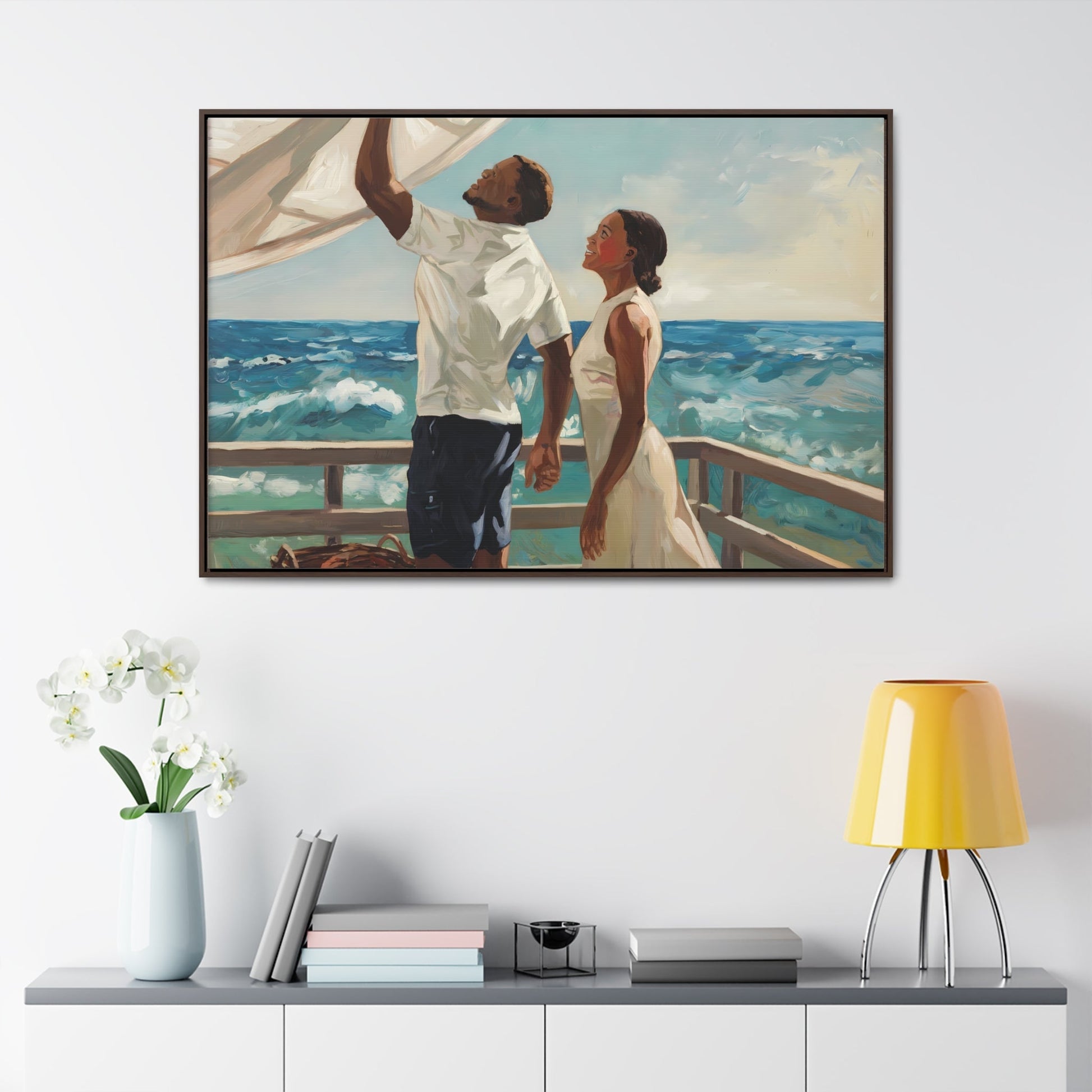 African American couple painting featuring a serene coastal scene on a wooden deck, vibrant brushstrokes, and a clear sky backdrop.