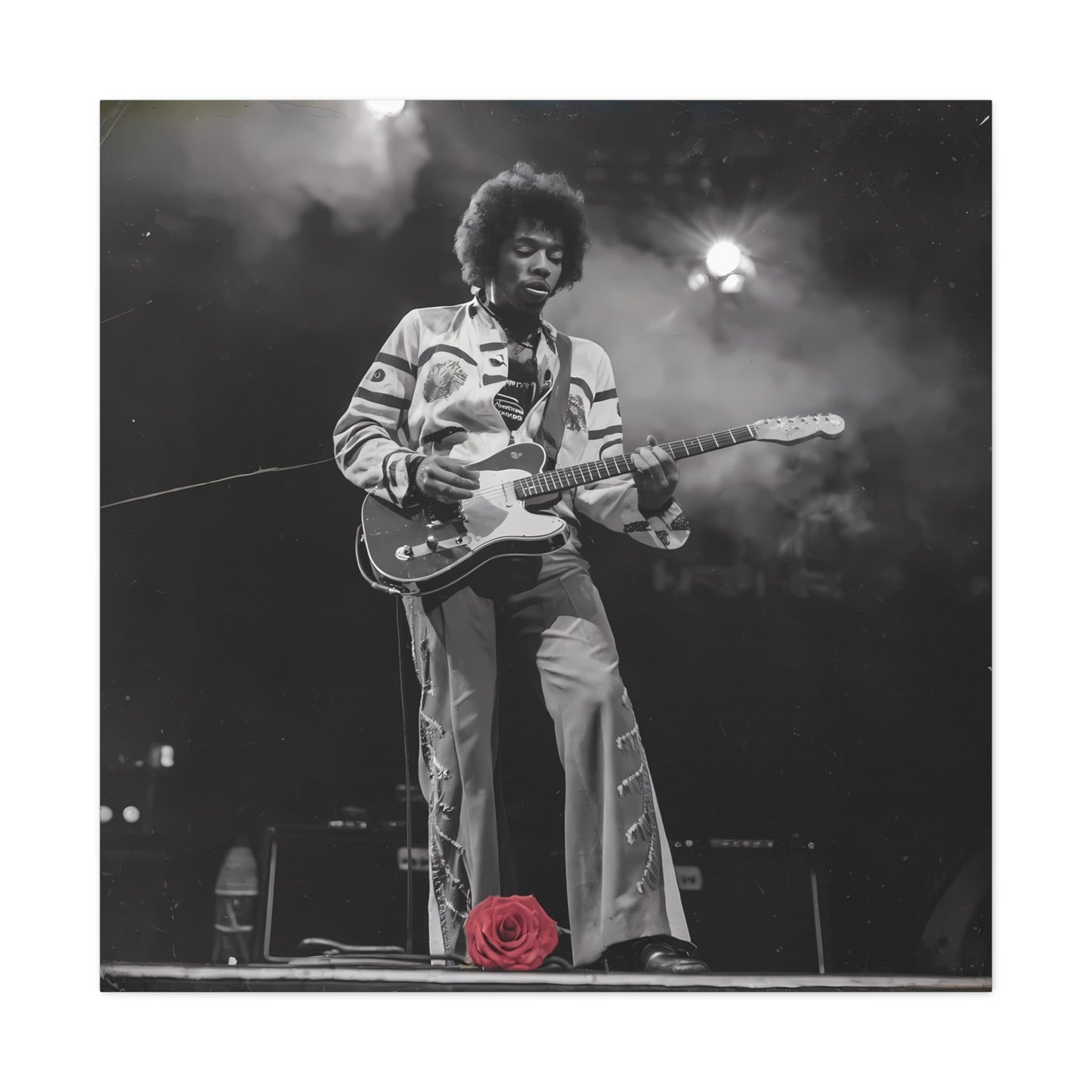 Jimi Hendrix Vintage PerformanceTimeless Passion: Jimi Hendrix Vintage Performance | Canvas Gallery WrCanvasJimi Hendrix Vintage Photo Art - Black and White with Red Rose Accent
Experience the raw energy of Jimi Hendrix through this unique vintage-style canvas. Bring the s