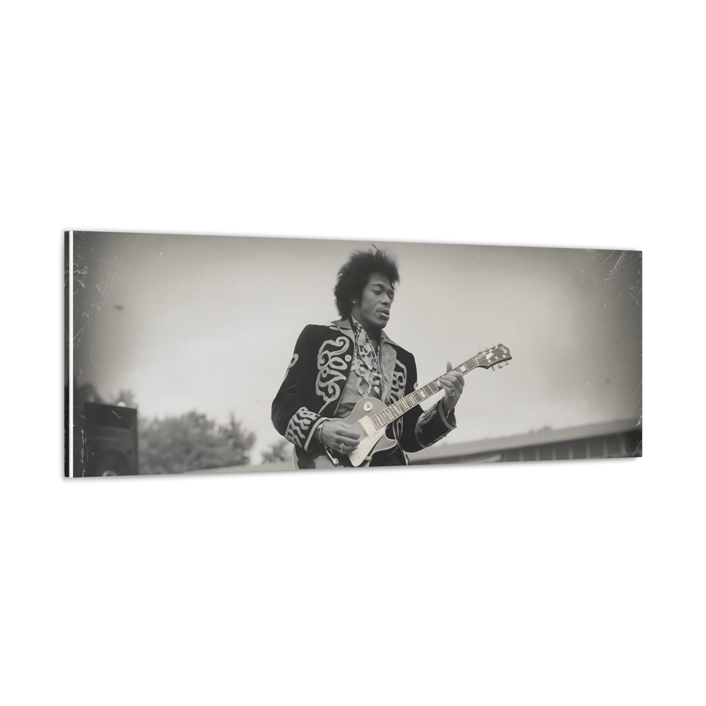 Vintage-Style Jimi HendrixVintage-Style Jimi Hendrix Performance Photo - Unique Black-and-White CanvasExperience the raw energy of Jimi Hendrix in this vintage-style black-and-white photo. This unique art print captures the iconic guitarist mid-performance, surrounde