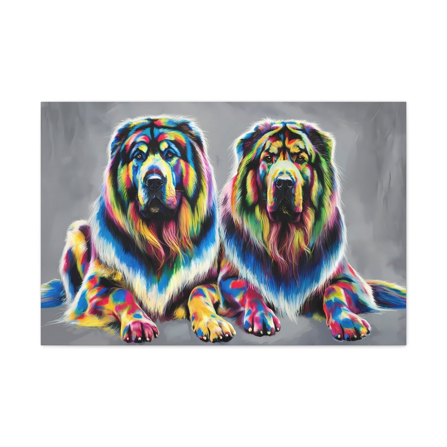 Vibrant rainbow Tibetan Mastiff canvas art showcasing colorful dog portraits.