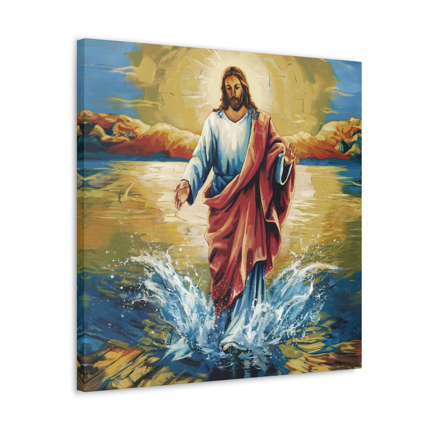 Jesus Christ walking on water painting, vibrant colors, divine radiance, canvas art.