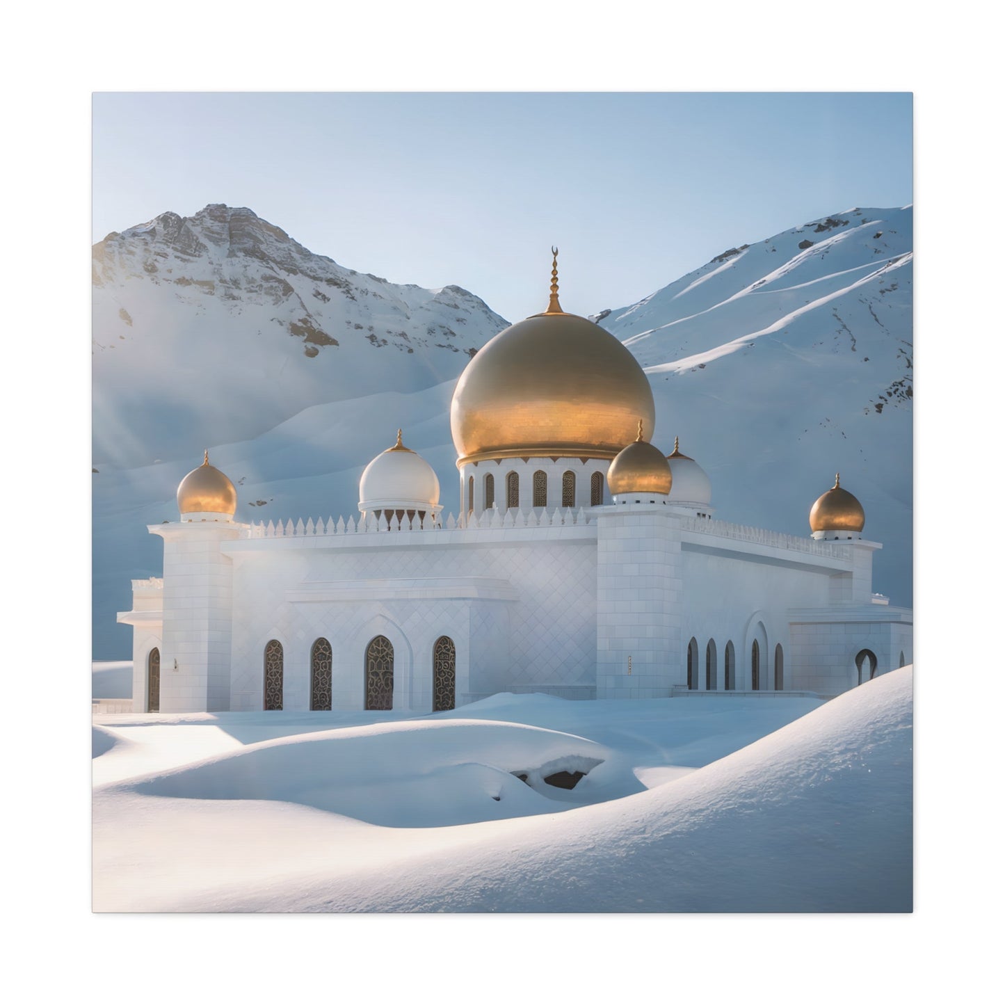 Ethereal Sanctuary: Majestic White Mosque with Golden Domes - Landscape Photography Art Arab