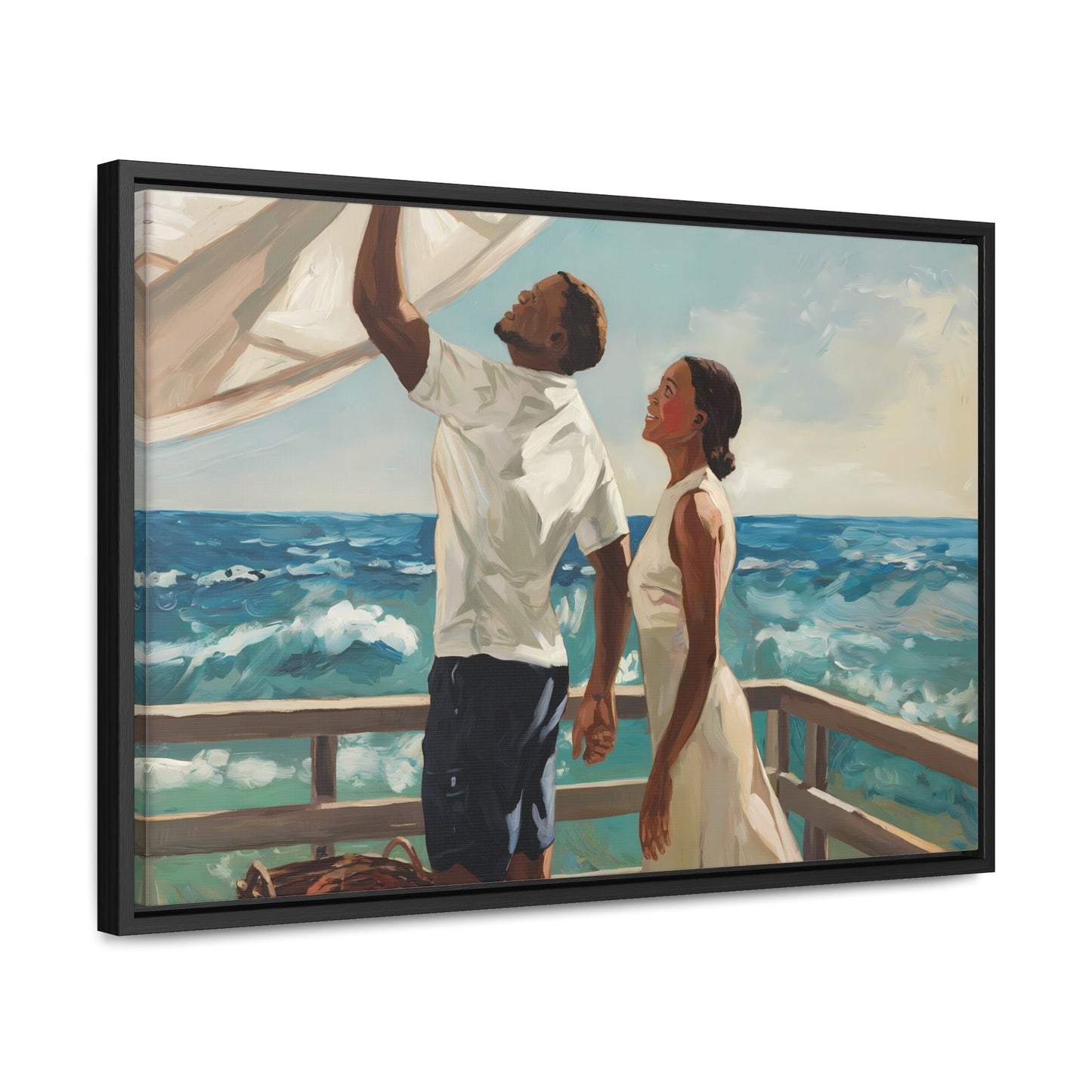 African American couple painting with coastal scene on canvas wrap, featuring ocean waves, wooden deck, and warm tones.