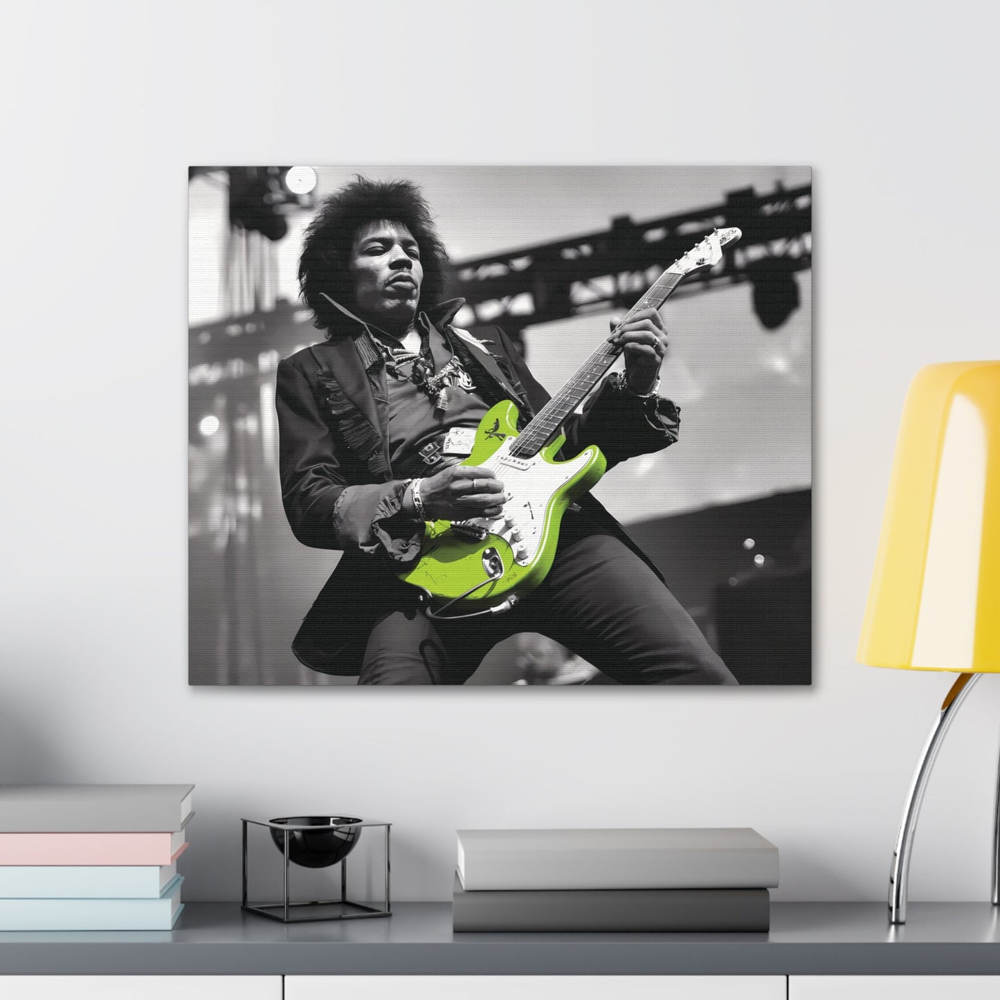 Monochrome Jimi Hendrix portrait with neon green guitar, canvas wall art for rock music lovers.