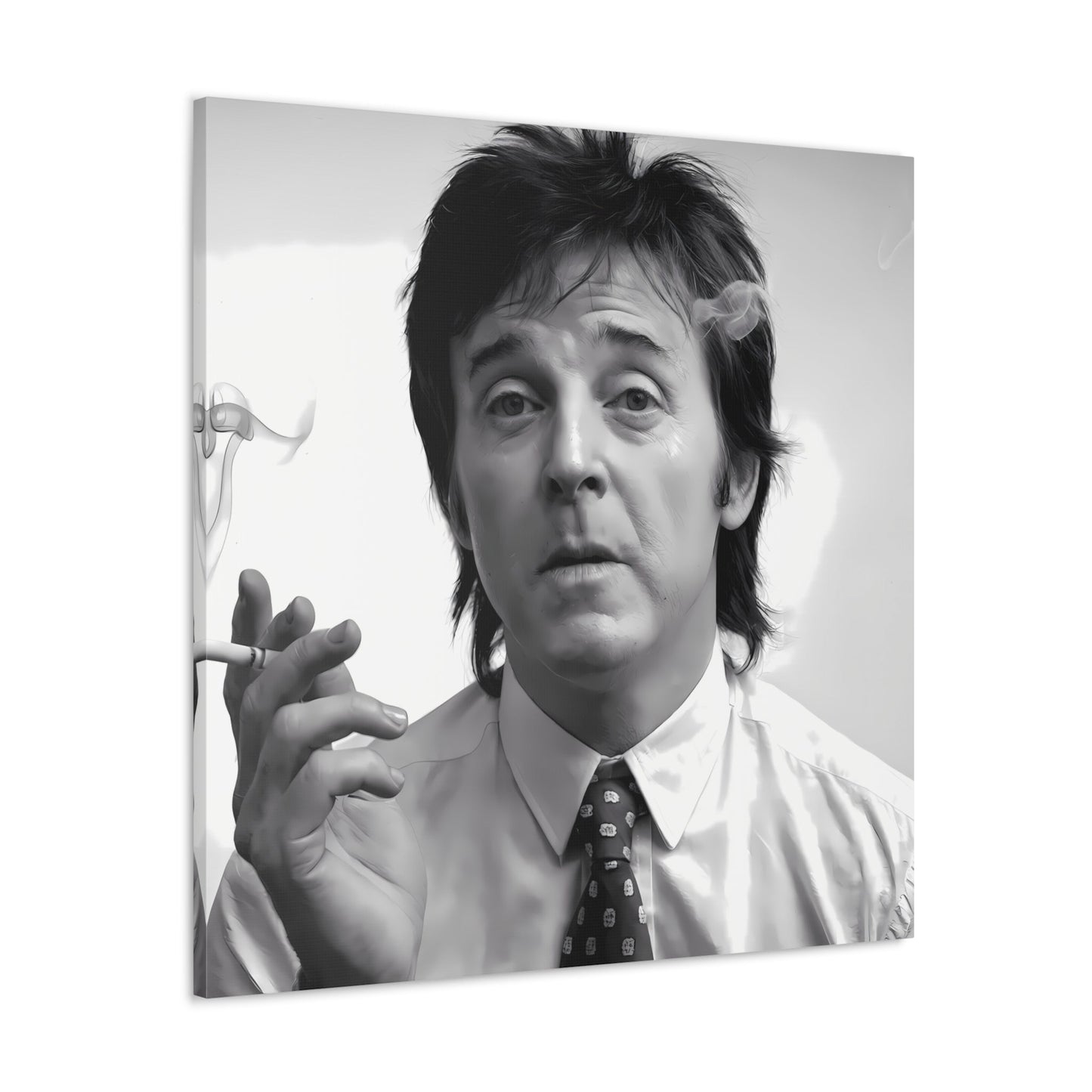 Black and white portrait of Paul McCartney with cigarette smoke, 1960s inspired decor, modern wall art canvas.